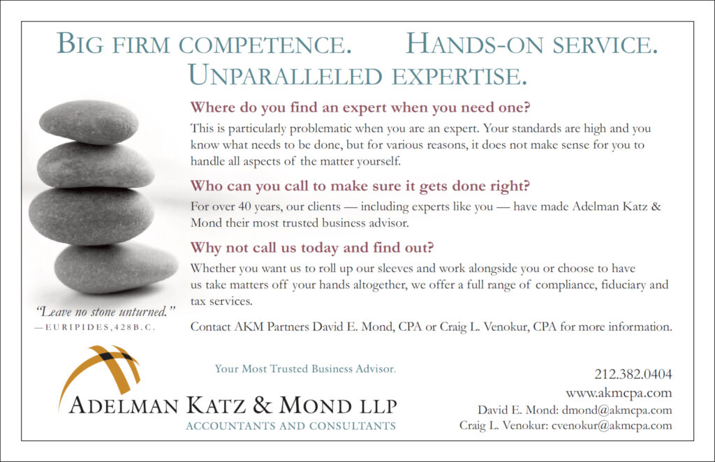 Half page ad for Adelman Katz & Mond LLP